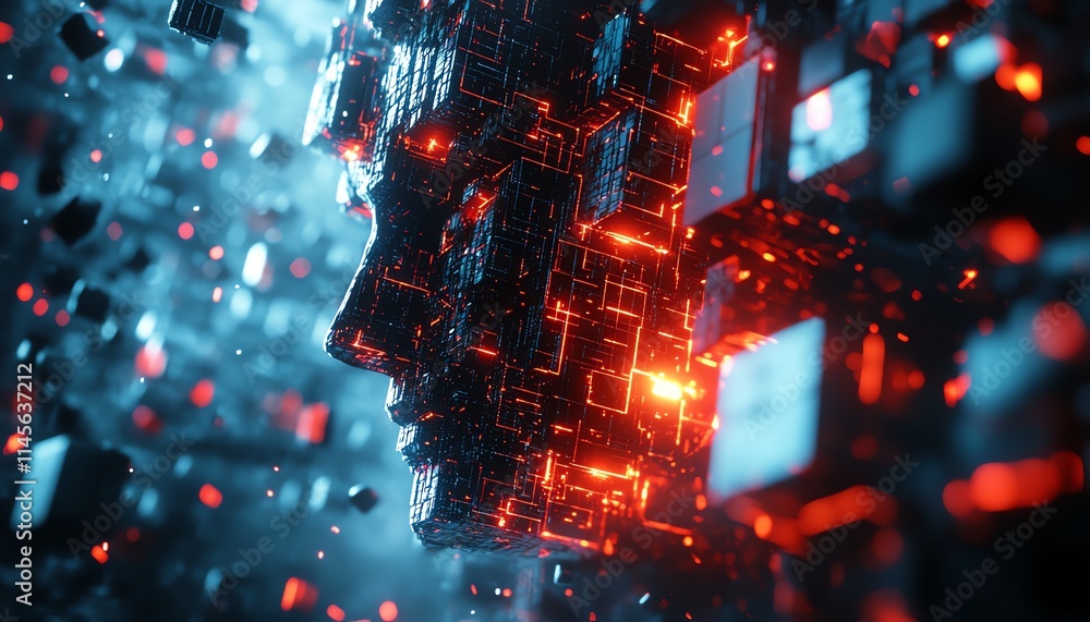 Poster cubes forming and breaking apart into a digital face, symbolizing artificial intelligence and techno