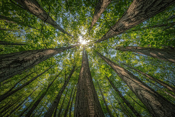 Towering loblolly pines stand together, sun illuminating their distant sides