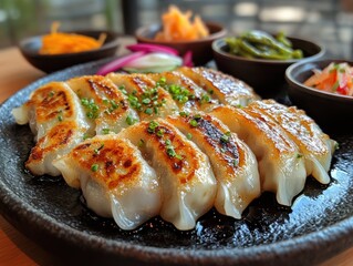 Steamed Dumplings, Golden-brown exterior, Green herbs & sesame seeds, Black plate, Dining table, Soft ambient lighting, Condiments for dipping