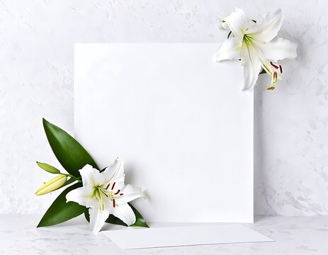 greeting cards for weddings, birthdays, thank you cards, wedding anniversaries, condolences. blank paper with white lilies.