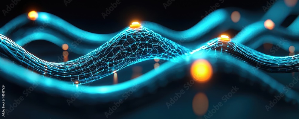 Poster inventory management concept. futuristic digital waves with glowing nodes, representing data flow an