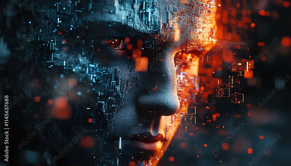 Poster digital face breaking apart into cubes, symbolizing ai and technology, with a futuristic design and 