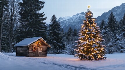 winter landscape with a snow-covered forest and a small wooden cabin glowing with warm light. A decorated Christmas tree stands in front of the cabin.