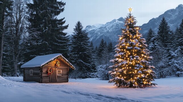 winter landscape with a snow-covered forest and a small wooden cabin glowing with warm light. A decorated Christmas tree stands in front of the cabin.