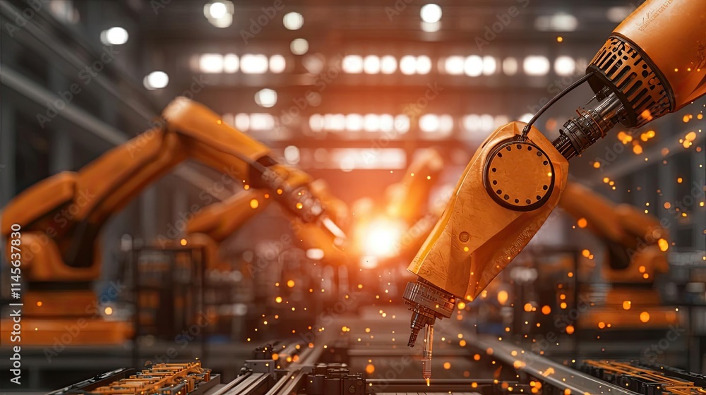 Poster capital cost idea. advanced robotic arms working on an assembly line in a modern factory.
