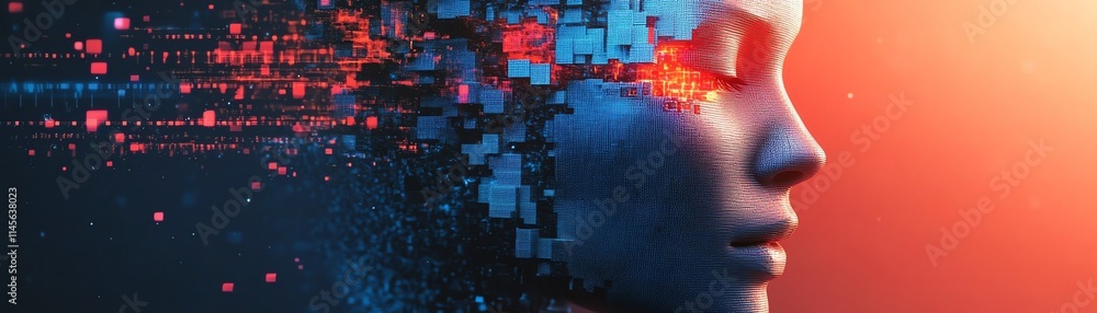 Poster fragmented digital face with cubes disassembling, representing ai and technological progress, with n