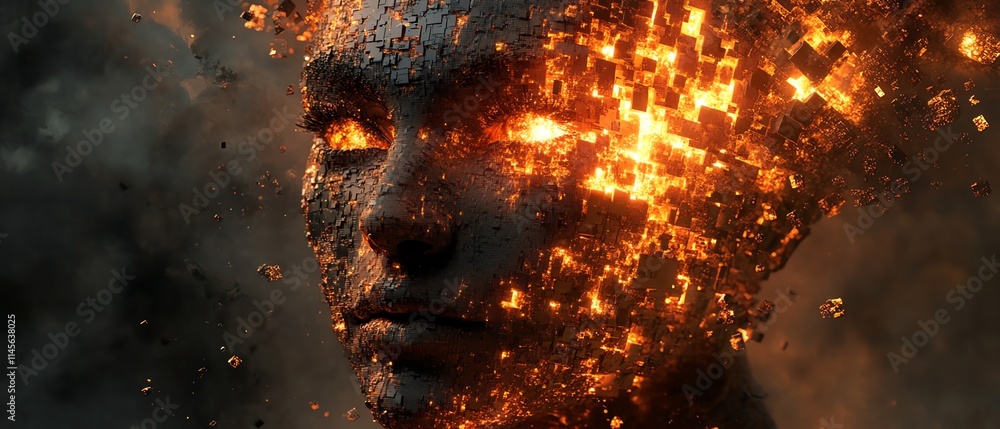 Poster fragmented digital face composed of cubes, symbolizing artificial intelligence and advanced technolo
