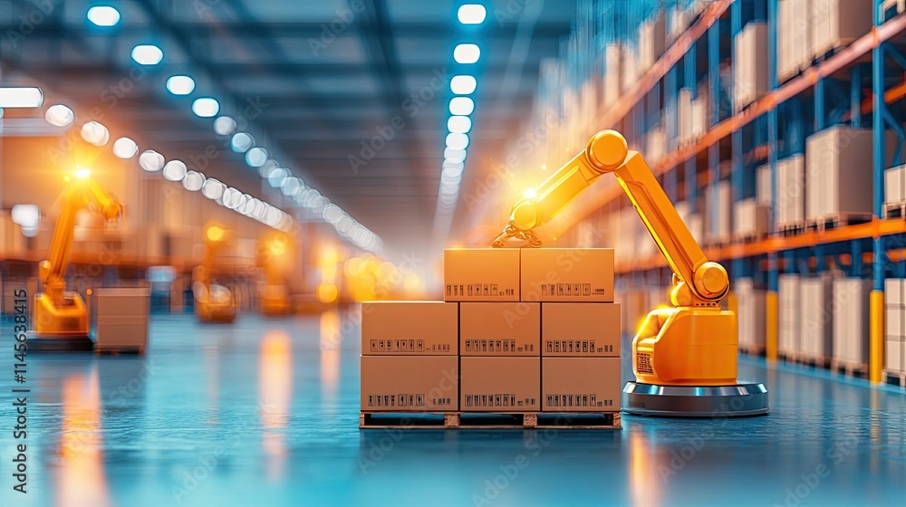 Poster inventory management concept. automated warehouse with robotic arms handling boxes efficiently and s