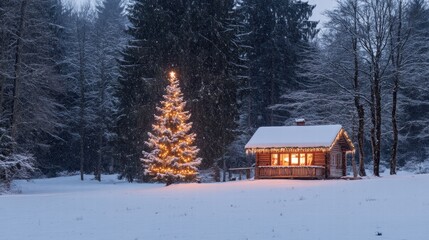 winter landscape with a snow-covered forest and a small wooden cabin glowing with warm light. A decorated Christmas tree stands in front of the cabin.