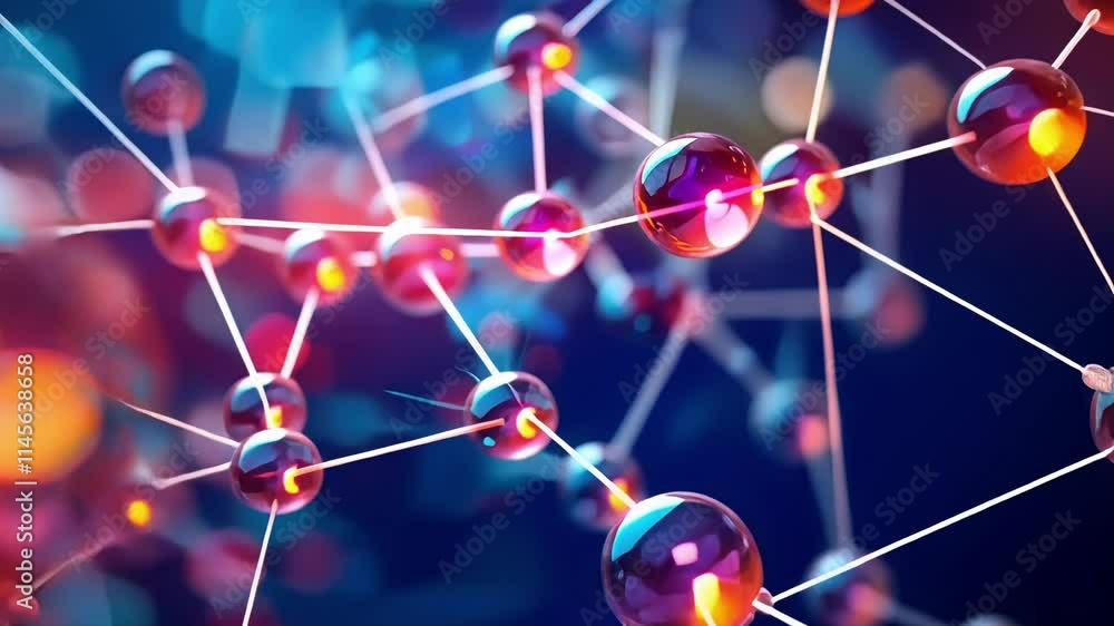 Poster complex network of interconnected glowing spheres representing data flow and processing in a vibrant