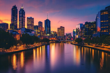 Urban skyline at dusk with city lights reflecting on the river