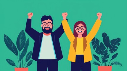 customer service support Cheerful couple celebrating with raised arms in a vibrant indoor setting with plants.
