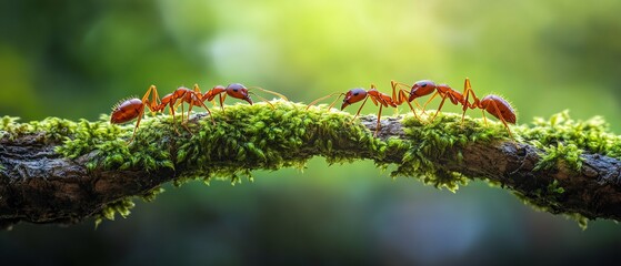Red ants linking together to create a bridge over a branch covered in moss, with sharp focus on their teamwork and intricate details