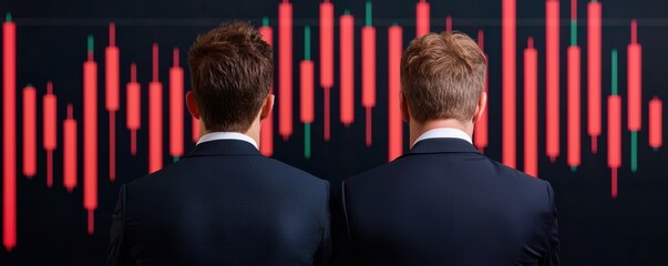 Hedging Strategies and Dividends in the Stock Market. Two men in suits observe a stock market chart displaying red candlestick patterns, symbolizing market decline.