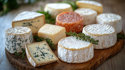 Large selection of French ripened cheeses displayed on a rustic wooden board offering variety and indulgence a symbol of cultural heritage quality craftsmanship and culinary tradition with space for t