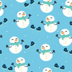 Seamless pattern cartoon snowman in winter day. cute winter wallpaper for fabric print, gift wrap paper