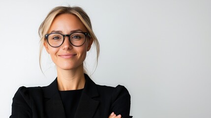 Confident businesswoman with glasses, arms crossed, smiling subtly against a white background.