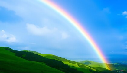 Obraz premium Rainbow Arcing Over Lush Green Rolling Hills