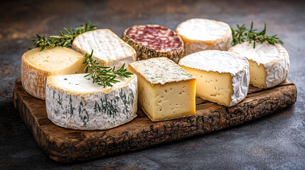 Large selection of French ripened cheeses displayed on a rustic wooden board offering variety and indulgence a symbol of cultural heritage quality craftsmanship and culinary tradition with space for t
