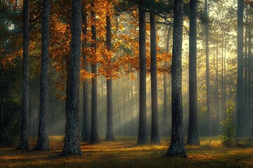 Fototapeta premium Towering loblolly pines stand together, sun illuminating their distant sides