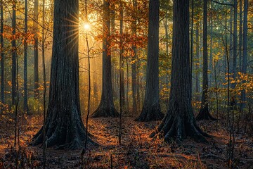 Obraz premium Towering loblolly pines stand together, sun illuminating their distant sides