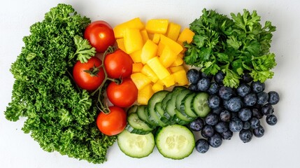 Vibrant fresh vegetables and fruits arrangement kitchen photography bright lighting top-down view