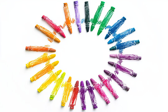 A colorful set of crayons holding hands, forming a rainbow circle