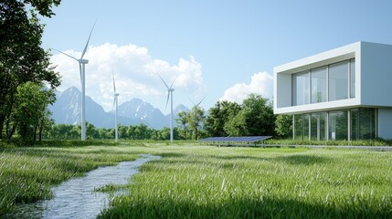Obraz premium Modern eco-friendly house with wind turbines and solar panels.