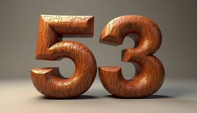 Intricate Wooden Number 53: A 3D Render of Carved Digits