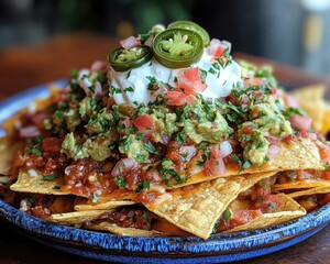 Vibrant Nacho Plate on Wooden Surface, Rustic Aesthetic for Mexican Food Craving