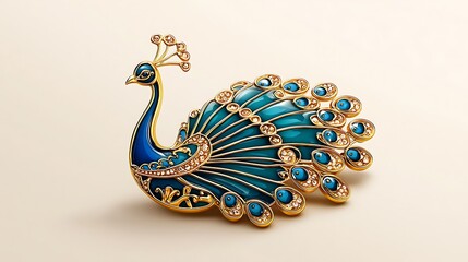 Fototapeta premium Elegant Peacock Brooch Blue Enamel Gold Crystals Jewelry