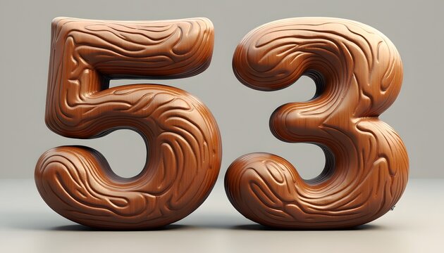 Wooden Number 53:  A 3D Render of  Fifty-Three in a Unique Wood Grain Design