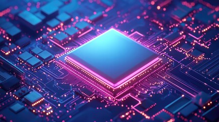 Obraz premium A futuristic microchip concept design with modular components and energy-efficient pathways, glowing faintly in soft blue light