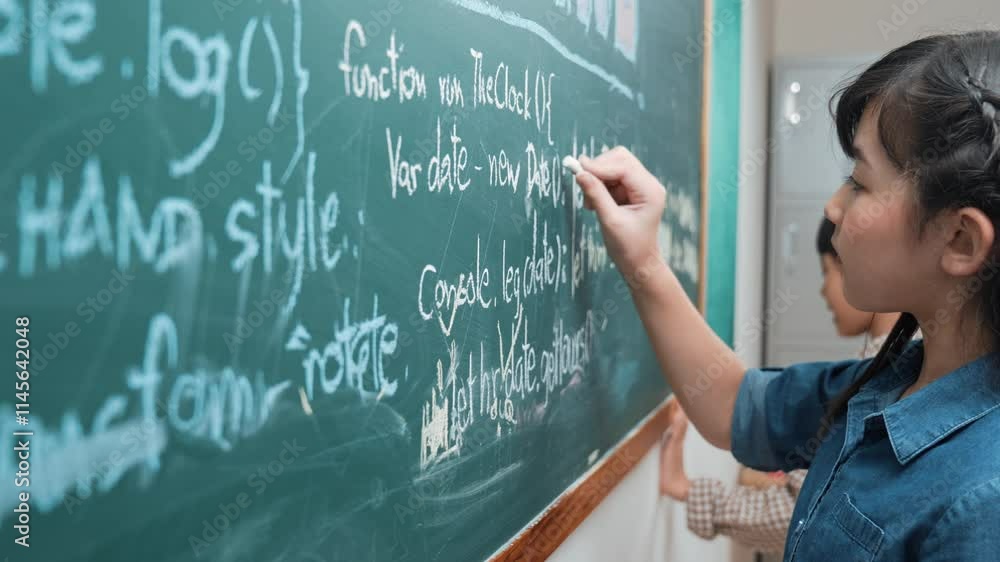 Poster skilled asian girl writing engineering prompt and programing system while standing blackboard with g