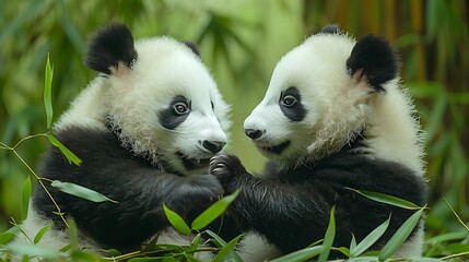 Naklejka premium Two adorable panda cubs face each other amidst lush green bamboo.