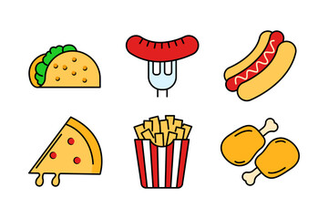 Set of flat icons related to fast food. Fast food and junk food icon collection