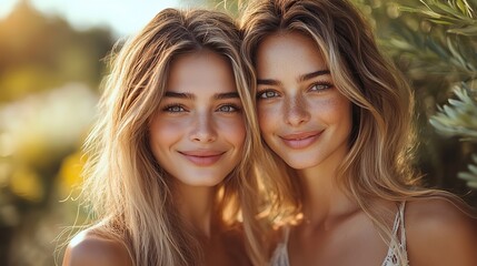 Fototapeta premium A happy or hugging face with a mom and daughter outdoors represents mothers day celebration, family love, a smiling woman parent and adult child bonding in a garden or park for a relationship.