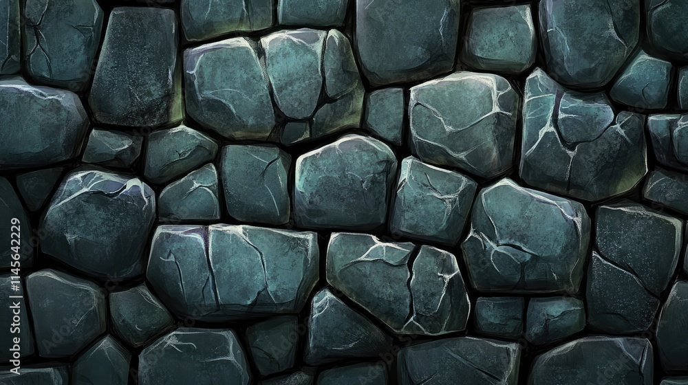 Poster textured stone wall background featuring various shapes and sizes of dark stones with unique pattern