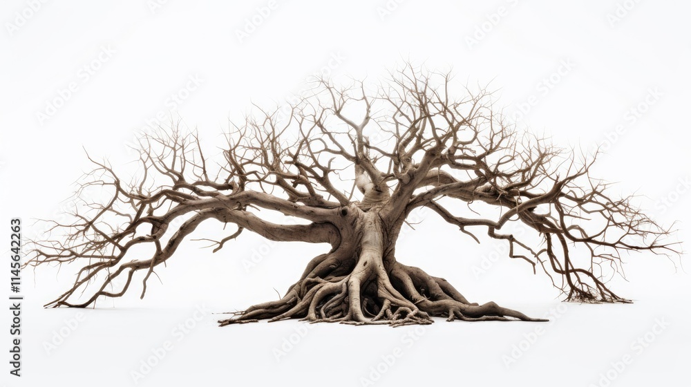 Poster ancient tree roots with intricate branches displayed on a clean white background symbolizing nature'