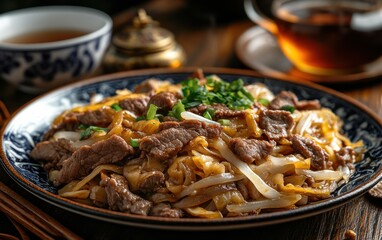 Stir-fried noodles with beef, sesame seeds, and spring onion plated on dark blue dish, wooden table setting