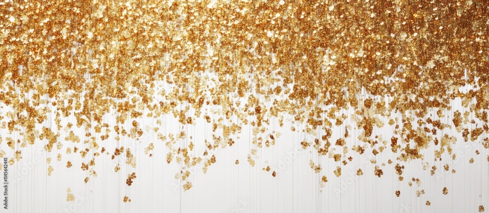 Poster gold sequins creating a shimmering texture against a clean white backdrop ideal for festive and deco