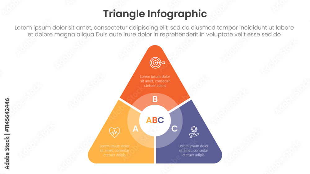 Poster triangle base shape infographic template banner with round triangle with circle on center and slice 