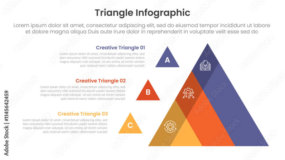 Poster triangle base shape infographic template banner with pyramid shape structure slice part with 3 point
