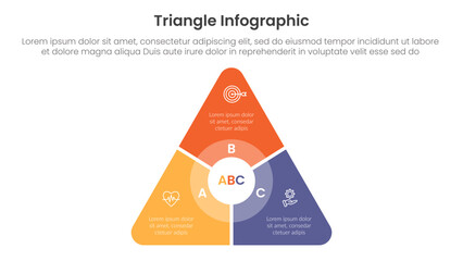 triangle base shape infographic template banner with round triangle with circle on center and slice shape with 3 point for slide presentation