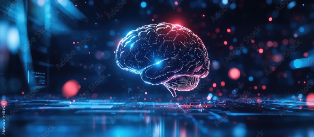 Aufkleber double exposure of a modern workspace with holographic brain visualizing creativity and cognitive pr