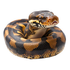 Fototapeta premium Angled view full body shot of an extremely perfect looking single Australian Python animal isolated on a white transparent background