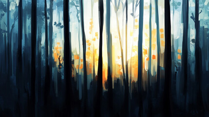 Tranquil Forest Sunrise with Vibrant Colors and Shadows