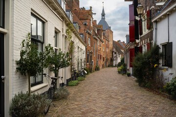 City street with a view of the facades of Amersfoort houses in Amersfoort