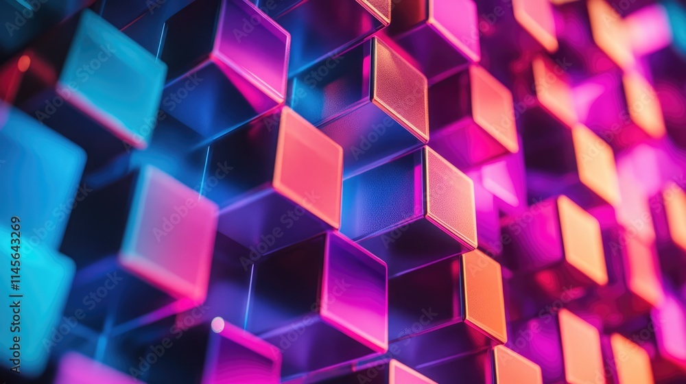 Poster vibrant abstract design of illuminated cubes showcasing dynamic colors representing technology innov