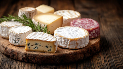 Large selection of French ripened cheeses displayed on a rustic wooden board offering variety and indulgence a symbol of cultural heritage quality craftsmanship and culinary tradition with space for t